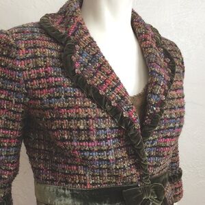 Cynthia Steffe velvet + bling trim + bow; woven fabric 3/4 sleeves blazer